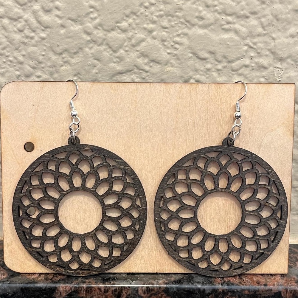 Mandala earrings, flower jewelry, wood earrings, wooden jewelry